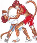 2012 asphyxiation choking claws feline female fight hair hi_res mammal pantherine red_hair simple_background strangling sue-chan_(artist) tiger white_background 