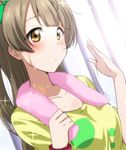  bad_id bad_pixiv_id bangs blush bow brown_eyes brown_hair collarbone fanning_face fanning_self green_bow hair_bow ikari_manatsu long_hair love_live! love_live!_school_idol_project minami_kotori pink_towel railing shirt solo sparkle sweat t-shirt towel towel_around_neck upper_body wristband yellow_shirt 