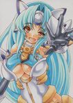  :d android aqua_hair armor armpits bangs bare_shoulders black_gloves breasts buckle cleavage cleavage_cutout dress faulds foreshortening gloves gorget head_tilt headgear kos-mos kos-mos_ver._4 large_breasts long_hair looking_at_viewer open_mouth outstretched_arms parted_bangs red_eyes simple_background smile solo traditional_media underboob underboob_cutout uneven_eyes upper_body vambraces very_long_hair white_background xenosaga xenosaga_episode_iii yutakasan-love 