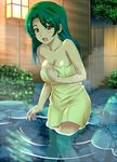  1girl bare_shoulders blush boulder breasts bush cleavage collarbone covering female green_hair knees large_breasts legs long_hair lowres naked_towel night nude nude_cover onsen open_mouth orange_eyes plant potato_house rock shiny shiny_skin smile solo steam stone tongue towel water wet worried zantei 