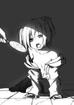  bare_shoulders candy food greyscale lollipop monochrome open_mouth original petite short_hair sky_(freedom) sky_(sky-freedom) thighhighs 