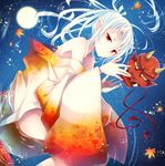  autumn_leaves blue_hair full_moon goma_(11zihisin) horns japanese_clothes kimono leaf leaf_print long_hair looking_at_viewer mask moon oni_mask original pointy_ears ponytail red_eyes solo star_(sky) 