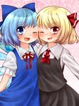  ;d blonde_hair blouse blue_eyes blue_hair bow cheek-to-cheek cirno hair_bow hair_ribbon multiple_girls namino. one_eye_closed open_mouth red_eyes ribbon rumia short_hair simple_background smile touhou vest wings 