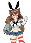  animal_ears bad_id bad_pixiv_id black_neckwear blush breasts brown_eyes brown_hair clenched_hand clenched_teeth collarbone cosplay elbow_gloves futatsuiwa_mamizou glasses gloves grimace hair_ornament hair_ribbon hairband hamahara_yoshio highleg highleg_panties highres kantai_collection large_breasts looking_at_viewer microskirt midriff navel neckerchief panties plump raccoon_ears raccoon_tail rensouhou-chan ribbon rimless_eyewear sailor_collar shimakaze_(kantai_collection) shimakaze_(kantai_collection)_(cosplay) short_hair sideboob simple_background skirt solo striped striped_legwear sweat tail teeth thighhighs thong touhou trembling undersized_clothes underwear white_background 