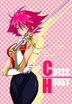  armband blue_eyes breasts cleavage cleavage_cutout cutie_honey cutie_honey_(character) gloves highres izuna_nie large_breasts pants pink_hair plaid plaid_background solo sparkle sword tight tight_pants title weapon 
