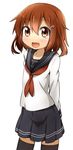  :d arms_behind_back black_legwear blush brown_eyes brown_hair fang hair_ornament hairclip ikazuchi_(kantai_collection) kantai_collection long_sleeves looking_at_viewer miyako_hito open_mouth school_uniform serafuku short_hair skirt smile solo thighhighs zettai_ryouiki 