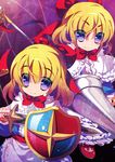  &gt;:) blonde_hair bow doll dress goriyaku hair_bow hourai_doll lance long_hair multiple_girls polearm purple_eyes shanghai_doll shield smile sword touhou v-shaped_eyebrows weapon 