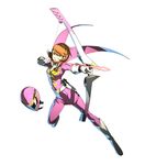  boots bow_(weapon) brown_eyes brown_hair earrings full_body gloves highres jewelry miniskirt official_art pantyhose persona persona_3 persona_4:_the_ultimate_in_mayonaka_arena persona_4:_the_ultimax_ultra_suplex_hold pink_legwear pink_skirt sentai short_hair simple_background skirt soejima_shigenori solo takeba_yukari weapon white_background white_gloves 