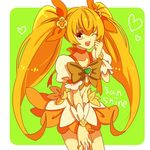  blonde_hair bow character_name choker cure_sunshine english hair_ornament hair_ribbon happy heart heartcatch_precure! long_hair looking_at_viewer magical_girl meko_(2344927) midriff myoudouin_itsuki navel one_eye_closed open_mouth orange_bow orange_choker orange_skirt precure ribbon skirt solo twintails very_long_hair wrist_cuffs yellow_bow yellow_eyes 