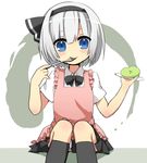  apron bad_id bad_pixiv_id black_legwear blue_eyes bow dress fork fork_in_mouth hair_ribbon kneehighs konpaku_youmu konpaku_youmu_(ghost) looking_at_viewer pink_dress plate ribbon sawatari_(sado) shirt short_sleeves silver_hair sitting skirt smile solo touhou white_shirt 