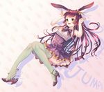  animal_ears bow bunny_ears bunny_pose dress fangxiang_cuoluan green_eyes green_legwear high_heels highres knees_together_feet_apart long_hair open_mouth original panties pantyshot purple_hair shoe_dangle solo thighhighs underwear 