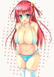  1girl bikini blue_eyes blush breasts female hair_bobbles hair_ornament huge_breasts long_hair navel open_mouth original panties red_hair short_ponytail side_ponytail solo standing striped striped_panties swimsuit thighhighs underwear white_legwear white_thighhighs yahiro_(anhnw) 
