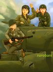  america artist_name big_red_one boots braid brown_eyes brown_hair cloud day green_eyes green_hair ground_vehicle gun headset heavy_tank helmet holster m1_garand m1_helmet m26_pershing military military_uniform military_vehicle motor_vehicle multiple_girls on_vehicle original red_hair rifle rurobani short_hair single_braid soldier submachine_gun tank uniform war weapon world_war_ii 