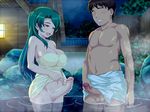  1boy 1girl bare_shoulders blush breasts censored cleavage futa_with_male futanari green_hair large_breasts long_hair lowres mosaic_censoring open_mouth outdoors penis potato_house red_eyes short_hair smile testicles water zantei 