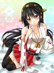  bare_shoulders black_hair black_legwear breasts cleavage detached_sleeves hairband hanazome_dotera haruna_(kantai_collection) honeycomb_(pattern) honeycomb_background japanese_clothes kantai_collection long_hair looking_at_viewer medium_breasts miko smile solo thighhighs 