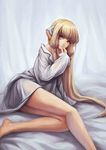 bad_id bad_pixiv_id barefoot blonde_hair chii chobits hair_ornament hand_on_own_face highres legs_together lips long_hair looking_away low_twintails lying nose off_shoulder orange_eyes oversized_clothes robot_ears solo twintails yinanhuanle 