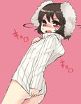  alternate_costume animal_ears ass black_hair bottomless bunny_ears covering covering_ass embarrassed inaba_tewi looking_at_viewer looking_back naked_sweater open_mouth pink_background red_eyes ribbed_sweater shirt_tug short_hair simple_background solo sweater touhou turtleneck wavy_mouth yunuki_uta 