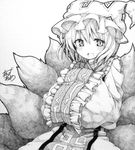 blush clown_222 fox_tail frills greyscale hands_in_opposite_sleeves hat long_sleeves looking_at_viewer millipen_(medium) monochrome multiple_tails open_mouth pillow_hat shikishi short_hair signature solo tabard tail touhou traditional_media upper_body wide_sleeves yakumo_ran 