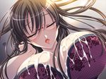  1girl aikawa_arisa black_hair breasts cleavage cum eyes_closed glasses hadashi_shoujo huge_breasts joi-san_no_iitsuke!! lingerie long_hair open_mouth osanai_utano underwear 