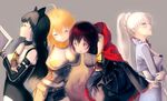  4girls arm_around_neck belt black_gloves black_hair black_shorts black_top blake_belladonna blonde_hair blush book breasts brown_belt brown_hair brown_top cape cleavage crossed_arms eyes_closed female fingerless_gloves frilled_skirt frills gauntlets gloves grey_eyes highres hooded_cape large_breasts long_hair mablex midriff multiple_girls neckerchief open_mouth orange_neckerchief reading red_cape ruby_rose rwby short_hair shorts shot_hair simple_background skirt smile waist_cape weapon weiss_schnee white_hair yang_xiao_long yellow_guantlets 