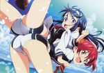 absurdres ass ass-to-ass back-to-back blue_eyes blue_hair brown_eyes futaba_aoi_(vividred_operation) highres isshiki_akane multiple_girls national_shin_ooshima_school_uniform red_hair scan school_uniform short_shorts shorts tanaka_yuusuke vividred_operation 