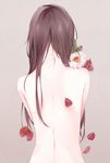  back brown_hair flower from_behind grey_background highres holding holding_flower long_hair nude original petals red_flower sekii simple_background solo ude white_flower 