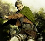  auruo_bossard belt cable cape clenched_teeth dual_wielding grey_hair holding jacket male_focus matsubaki paradis_military_uniform shingeki_no_kyojin solo teeth three-dimensional_maneuver_gear uniform 