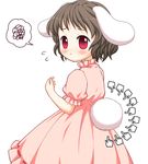  :&lt; animal_ears bebeneko black_hair blush bunny_ears bunny_tail cookie_clicker cursor dress flying_sweatdrops inaba_tewi looking_at_viewer looking_back pink_dress puffy_short_sleeves puffy_sleeves red_eyes short_hair short_sleeves simple_background solo spoken_squiggle squiggle tail touhou white_background 