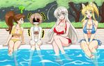  4girls ? ahoge angry animal_ears aqua_eyes artist_request asumi_kana bikini blanc blonde_hair blush breast_envy breasts brown_eyes brown_hair choujigen_game_neptune clenched_hand clenched_teeth crossover dog_days fist flat_chest fox_ears glowing glowing_eye haiyore!_nyaruko-san highres huge_breasts large_breasts long_hair multiple_girls mutsuya neptune_(series) nyarlathotep_(nyaruko-san) ponytail pool poolside red_eyes seiyuu_connection sharp_teeth shiny shiny_skin short_hair silver_hair smile swimsuit taneshima_popura teeth very_long_hair water working!! yukikaze_panettone 