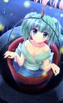  bare_shoulders blue_eyes blue_hair breasts bucket cleavage collarbone fireflies grass hair_bobbles hair_ornament highres in_bucket in_container kisume looking_at_viewer medium_breasts nanairo_fuusen night off_shoulder outdoors rope short_hair smile solo touhou twintails water well wooden_bucket 