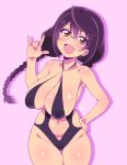  1girl black_hair black_swimsuit blush braid breasts brown_eyes elf_k groin huge_breasts navel pastel_memories ponytail sakaki_ayaka solo swimsuit swimwear 