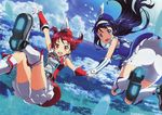  :d absurdres ass belt bike_shorts blue_eyes blue_hair boots brown_hair cameltoe cloud day feathers futaba_aoi_(vividred_operation) gloves hairband hat hat_feather highres holding_hands isshiki_akane long_hair looking_at_viewer midair multiple_girls official_art open_mouth palette_suit red_eyes red_hair scan short_hair shorts shorts_under_skirt skirt sky smile twintails vividred_operation yamaguchi_satoshi 