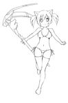  animal_ears bikini breasts cat_ears greyscale lineart looking_at_viewer medium_breasts monochrome phantasy_star phantasy_star_online_2 short_hair sky_(freedom) smile solo swimsuit thighhighs weapon white white_background 