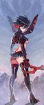  arutera bad_id bad_pixiv_id banned_artist blue_eyes boots breasts high_heels highres kill_la_kill looking_back matoi_ryuuko medium_breasts multicolored_hair revealing_clothes scissor_blade senketsu short_hair solo standing sword thigh_boots thighhighs two-tone_hair underboob weapon 