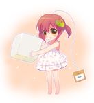  1girl barefoot child commentary dress female kuromaru minigirl orange_eyes original personification red_hair short_hair solo sugar_cube sundress tea_bag teabag 