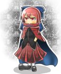 blush bow cape cloak dress hair_bow hands_in_pockets lowres red_dress red_eyes red_hair sekibanki solo torita_(waowao4) touhou 