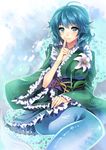  bad_id bad_pixiv_id blue_eyes blue_hair flower head_fins highres japanese_clothes kimono koyuri_shouyu looking_at_viewer mermaid monster_girl obi sash sitting smile solo touhou wakasagihime 