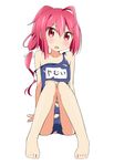  barefoot blush hair_ribbon i-168_(kantai_collection) kantai_collection long_hair looking_at_viewer miyako_hito one-piece_swimsuit open_mouth ponytail red_eyes red_hair ribbon school_swimsuit sitting solo swimsuit torn_clothes torn_swimsuit 