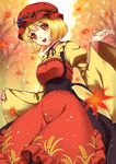  aki_minoriko autumn_leaves blush breasts choker dress food fruit grapes hat highres leaf long_sleeves looking_at_viewer maple_leaf medium_breasts nonbei open_mouth orange_eyes short_hair smile solo touhou wide_sleeves 