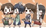  adomi akagi_(kantai_collection) armor black_hair blush_stickers brown_hair carrot chibi closed_eyes curry curry_rice food hair_ribbon hiryuu_(kantai_collection) japanese_clothes kaga_(kantai_collection) kantai_collection long_hair multiple_girls muneate open_mouth plate ponytail ribbon rice side_ponytail smile souryuu_(kantai_collection) sweatdrop thighhighs twintails 