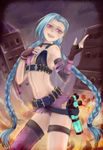  belt blue_hair braid fingerless_gloves gloves gun highres jinx_(league_of_legends) league_of_legends mismatched_legwear multiple_belts nam_(valckiry) pink_eyes skirt solo twin_braids weapon 