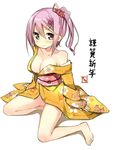 barefoot blush breasts cleavage highres japanese_clothes kimono looking_at_viewer medium_breasts off_shoulder original pink_eyes pink_hair short_hair simple_background sitting sky_(freedom) smile solo wariza white_background 