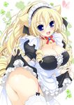  :d absurdres animal_ears bell bell_collar blonde_hair blue_eyes breasts cat_ears cleavage collar dress dress_lift garter_straps highres large_breasts long_hair maid maid_headdress no_panties open_mouth original smile solo thighhighs very_long_hair watsuki_ayamo white_legwear 