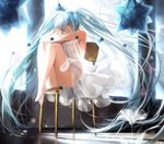  barefoot blue_eyes blue_hair chair dress feet_on_chair flower hakusai_(tiahszld) hatsune_miku highres knees_up legs_folded long_hair looking_at_viewer see-through sitting solo star toenail_polish twintails very_long_hair vocaloid white_dress 