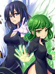  black_hair blue_eyes breasts cleavage fubuki_(one-punch_man) green_eyes green_hair masa_tarou medium_breasts multiple_girls one-punch_man siblings sisters smile tatsumaki telekinesis 