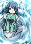  blue_eyes blue_hair head_fins hemogurobin_a1c japanese_clothes looking_at_viewer mermaid monster_girl short_hair smile solo touhou wakasagihime 