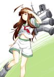  ahoge brown_hair highres kantai_collection kuma_(kantai_collection) long_hair looking_at_viewer niwatazumi purple_eyes school_uniform serafuku shorts solo white_background 