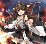  bare_shoulders black_legwear blush boots brown_hair detached_sleeves double_bun grey_eyes grune heart kantai_collection kongou_(kantai_collection) long_hair nontraditional_miko one_eye_closed pleated_skirt ribbon-trimmed_sleeves ribbon_trim skirt solo thigh_boots thighhighs tongue tongue_out zettai_ryouiki 