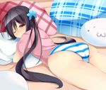  1girl ass bed black_hair female hair_ornament long_hair long_twintails looking_back lying on_stomach original panties pillow red_eyes solo striped striped_panties twintails underwear wink yahiro_(anhnw) 
