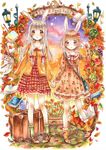  animal_ears apple blush book brown_eyes brown_hair bunny_ears canvas_(object) dress flower food fruit grapes grey_hair hair_flower hair_ornament highres holding_hands kotori_hana multiple_girls mushroom orange original palette purple_eyes shoes socks sweater 